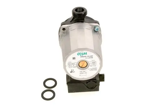 BOSCH Pumpe mit runder Gehäuseform, montiert auf einer Basis. Zwei O-Ringe liegen daneben. Produktinformationen sind auf dem Gehäuse sichtbar.